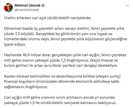 Bakan Şimşek: Cari açığın sürdürülebilir seviyede kalmasını bekliyoruz