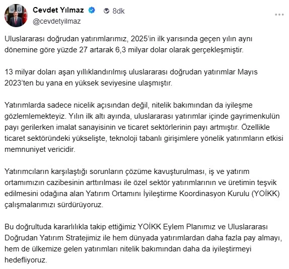 Cevdet Yılmaz: Uluslararası doğrudan yatırımlarımız yüzde 27 arttı