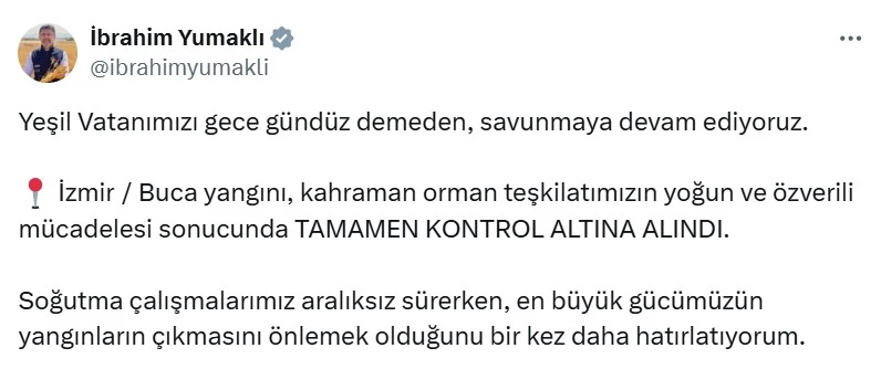 Bakan Yumaklı: İzmir Buca yangını tamamen kontrol altına alındı