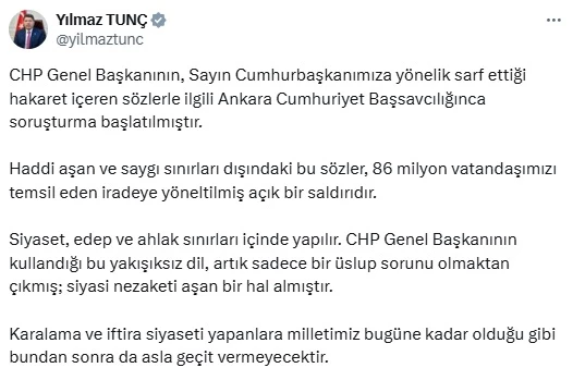 Bakan Tunç; Ankara Cumhuriyet Başsavcılığı Özgür Özel hakkında soruşturma başlattı