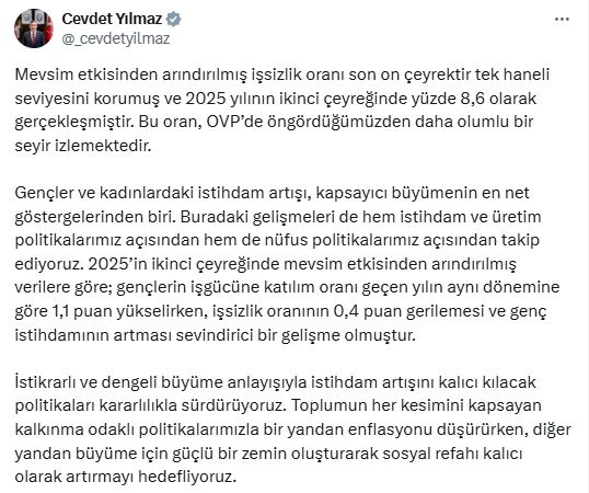 Cevdet Yılmaz: İşsizlik oranı 10 çeyrektir tek haneli seviyede