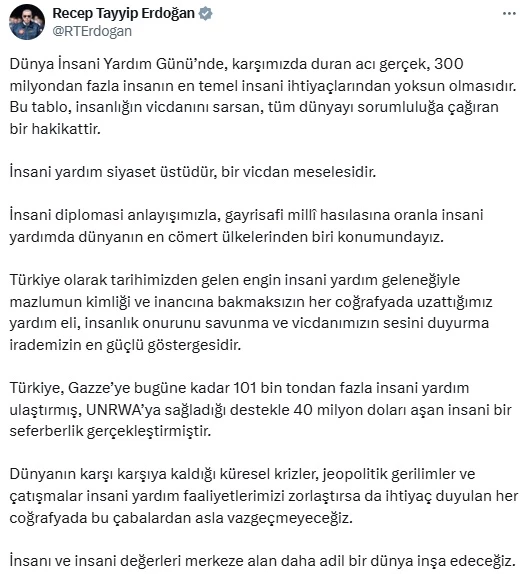 Cumhurbaşkanı Erdoğan: 300 milyondan fazla insan temel insani ihtiyaçlardan yoksun