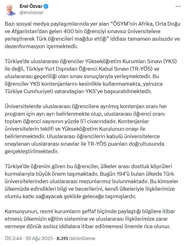 YÖK Başkanı Özvar: Uluslararası öğrenciler YKS kontenjanlarını kullanmıyor