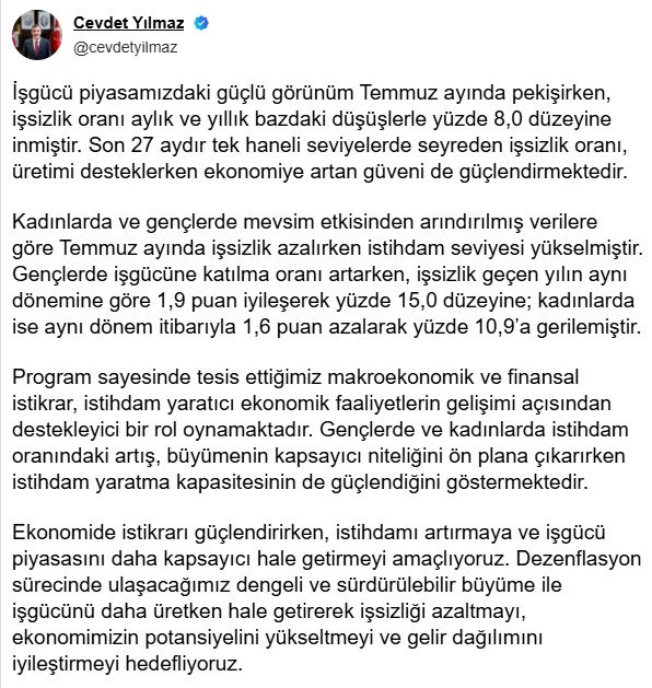 Cevdet Yılmaz: İşsizlik oranı, ekonomiye güveni de pekiştiriyor