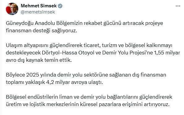 Bakan Şimşek: Dörtyol-Hassa Otoyol ve Demir Yolu Projesi