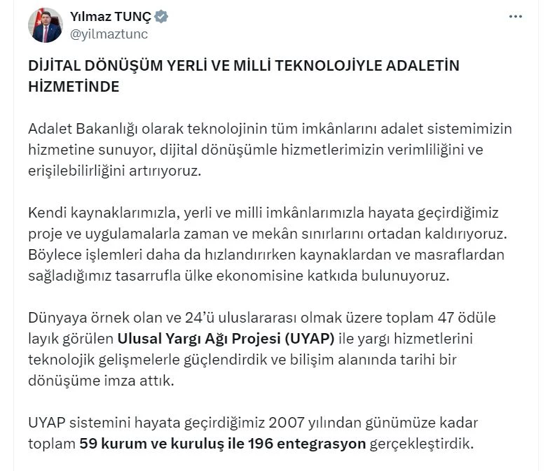 Bakan Tunç: e-Tebligat ile 24 milyar 358 milyon TL tasarruf ettik