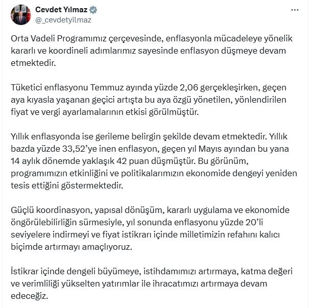 Cevdet Yılmaz: OVP çerçevesinde enflasyon düşmeye devam ediyor
