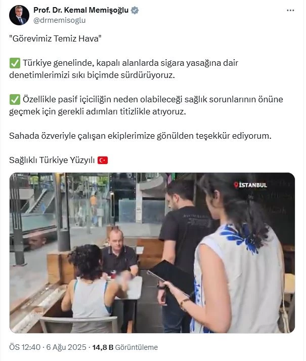 Bakan Memişoğlu: Kapalı alanda sigara yasağı denetimlerimizi sürdürüyoruz