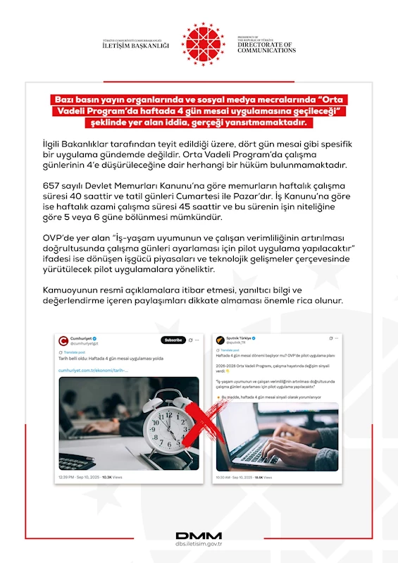 DMM’den haftada 4 gün mesai uygulamasına geçileceği iddialarına yalanlama