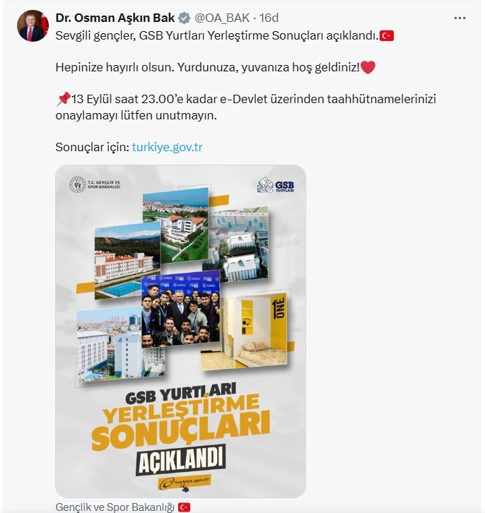 GSB yurtları yerleştirme sonuçları açıklandı