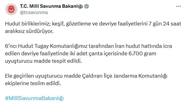 MSB: İran hudut hattında 6,7 kilo uyuşturucu ele geçirildi