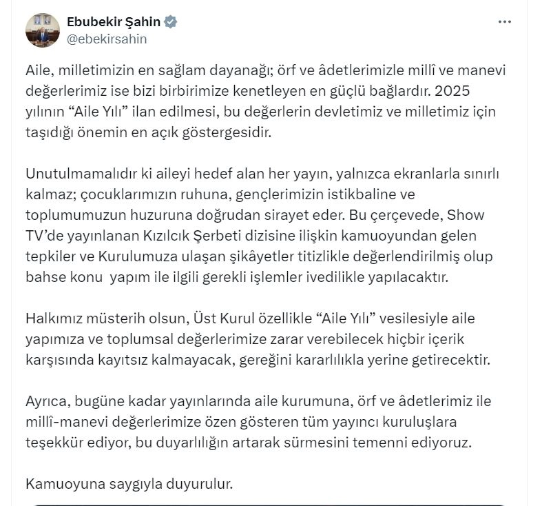 RTÜK Başkanı Şahin: Aile yapımıza zarar verebilecek hiçbir içerik karşısında kayıtsız kalmayacağız