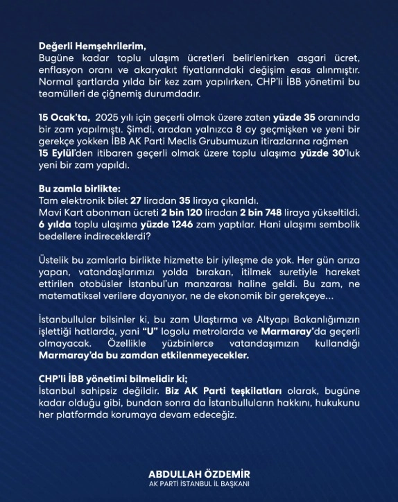 İstanbul- AK Parti İl Başkanı Özdemir: Toplu ulaşım zammı 