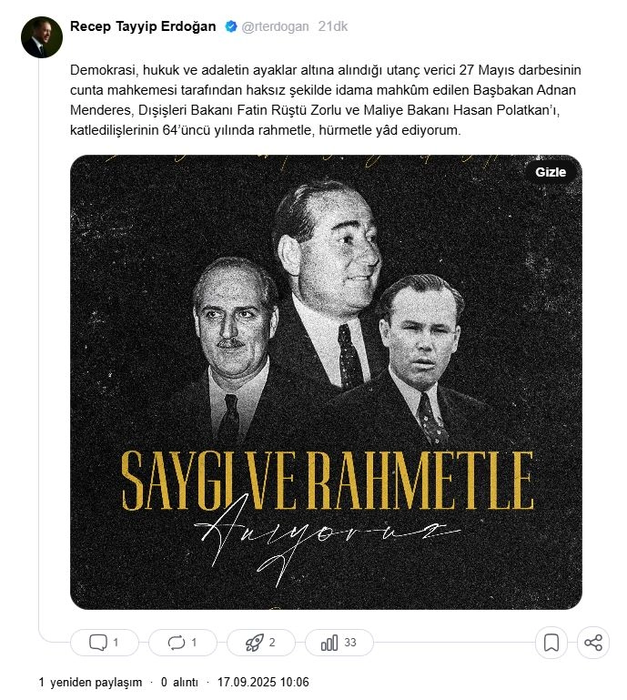 Cumhurbaşkanı Erdoğan, Menderes, Zorlu ve Polatkan