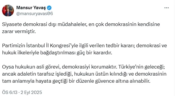 Mansur Yavaş: Tedbir kararı, hukuk ilkeleriyle bağdaştırılması güç bir karardır