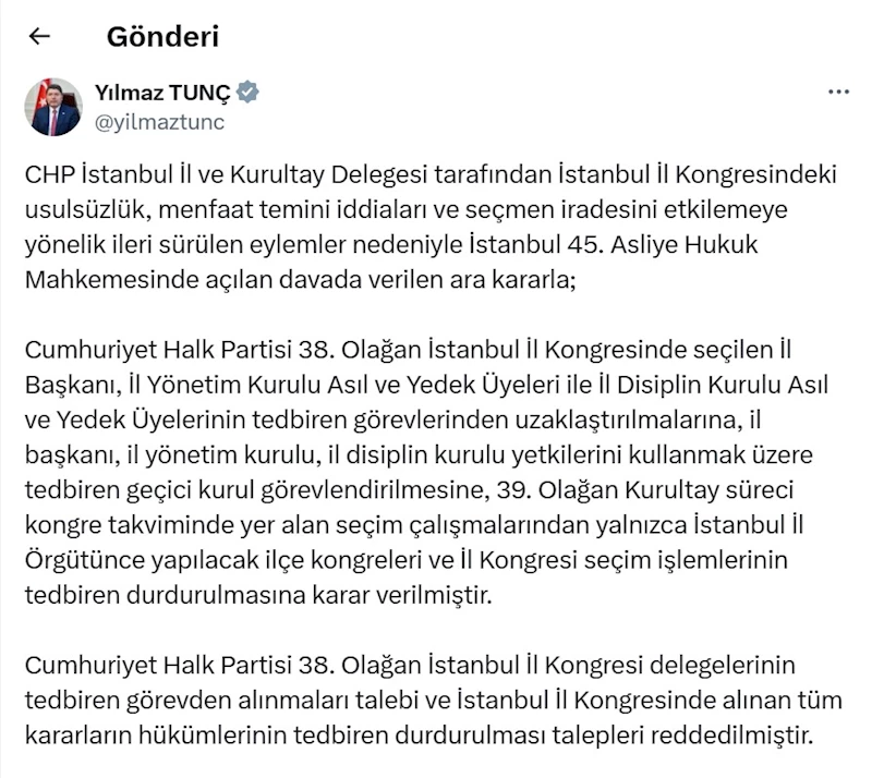 Bakan Tunç: CHP İstanbul Kongresiyle ilgili ara karar ihtiyati tedbir niteliğinde