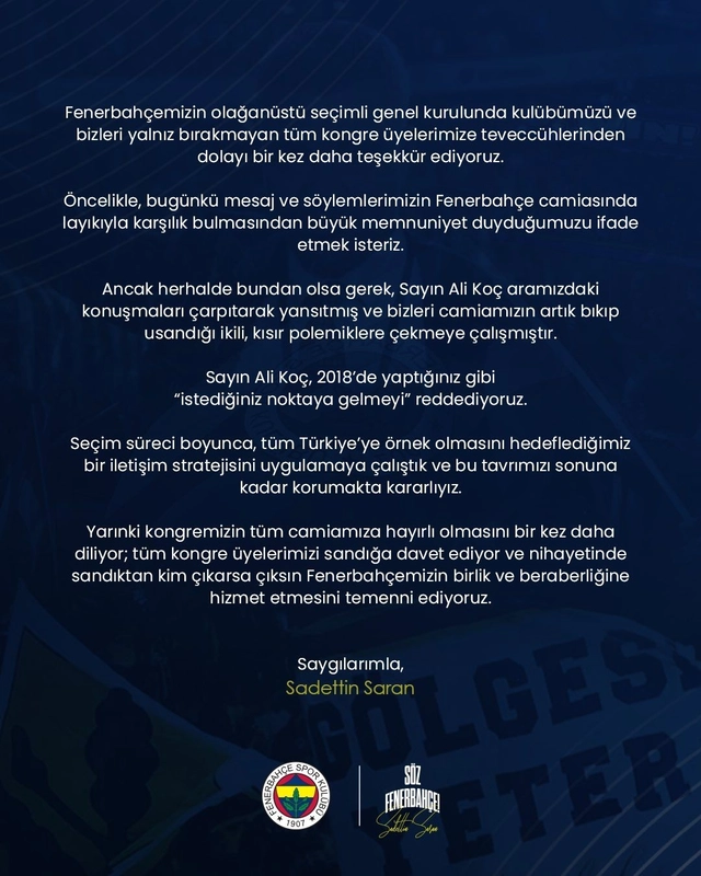 Sadettin Saran: Sayın Ali Koç, istediğiniz noktaya gelmeyi reddediyoruz