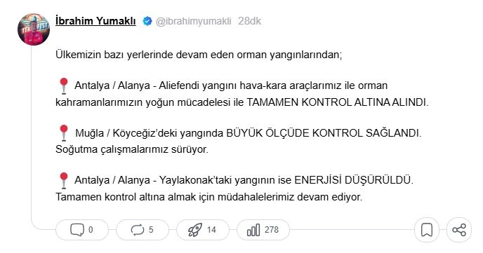 Bakan Yumaklı: 2 yangın kontrol altında, 1