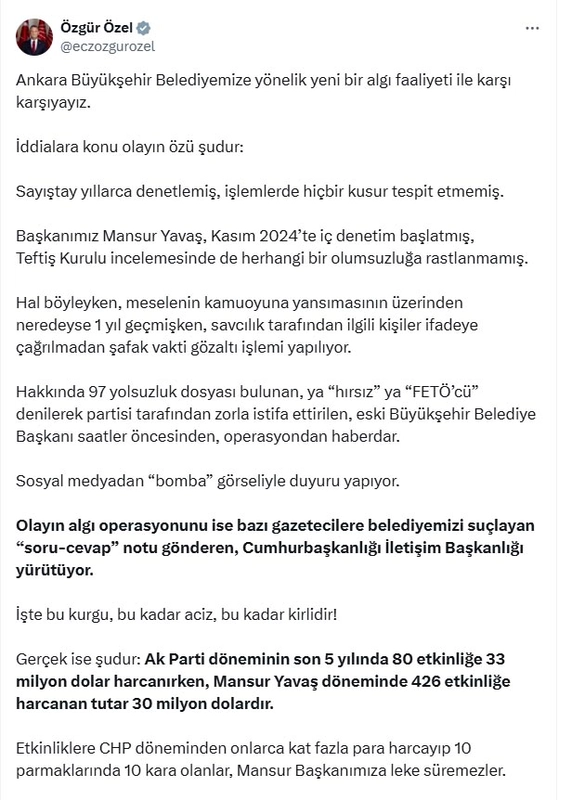 Özgür Özel: Mansur Yavaş başkanımızın sonuna kadar yanındayız