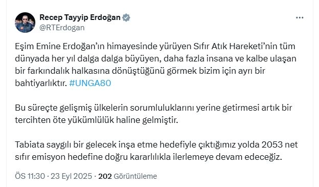 Cumhurbaşkanı Erdoğan’dan ‘Sıfır Atık’ paylaşımı 