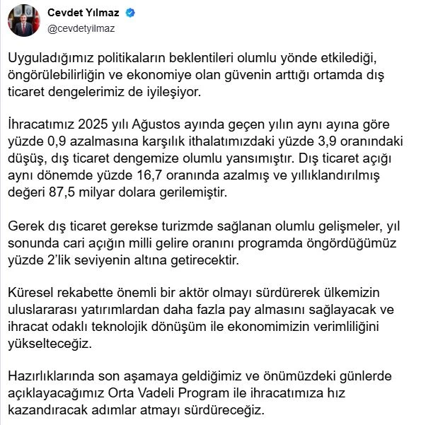 Cevdet Yılmaz: Cari açığın milli gelire oranı yüzde 2