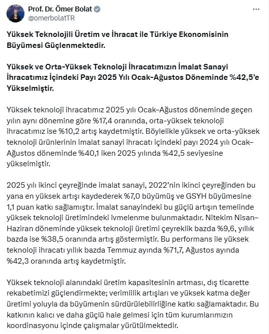 Bakan Bolat: Yüksek ve orta-tüksek teknoloji ihracatımızın payı yüzde 42,5