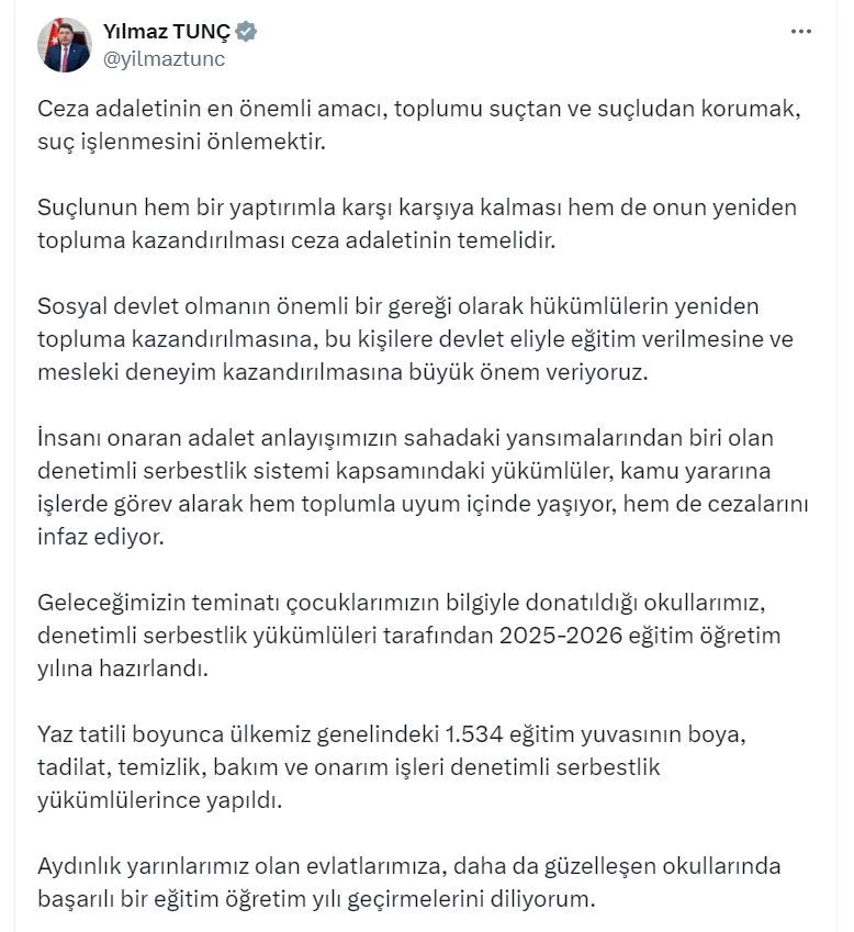 Bakan Tunç: 1534 okulun tadilat ve bakımı denetimli serbestlik yükümlülerince yapıldı