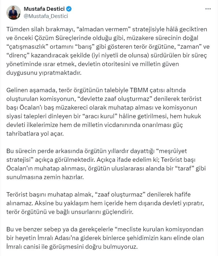 Destici: Komisyondan bir heyetin İmralı canisi ile görüşmesini doğru bulmuyoruz